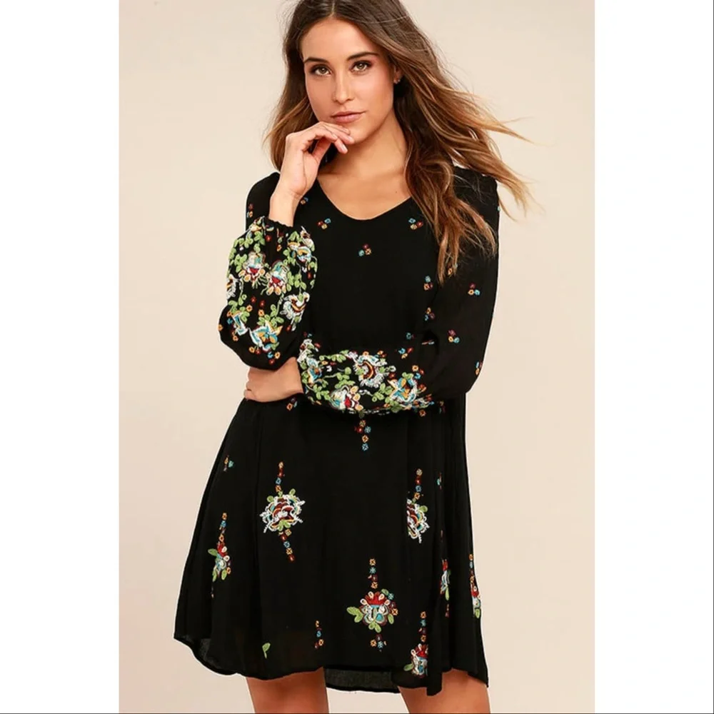 Free People Oxford Black Embroidered Swing Dress Large Boho Festival Coachella - Picture 2 of 15